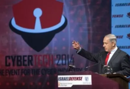 Israeli Prime Minister Benjamin Netanyahu gives the opening speech of the 'CyberTech 2014' international conference on January 27, 2014 in Tel-Aviv.