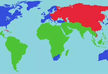 This map shows the traditional locations of "First World" (blue), "Second World" (red), and "Third World" (green) countries during the Cold War.