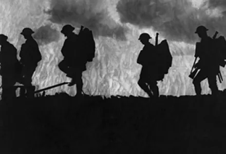 Soldiers moving up to an advanced position in France during WWI.