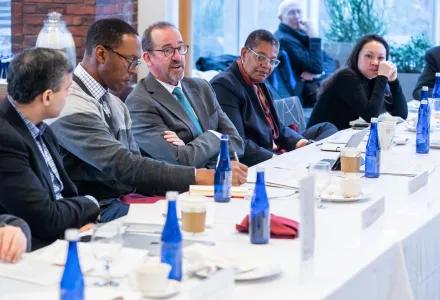 Members of the Faculty Working Group discuss emerging technologies and their public purpose implications.