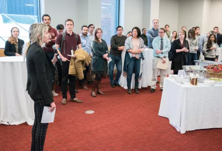 Harvard Kennedy School students and staff listen to Cassandra Favart, Project Coordinator for the Geopolitics of Energy Project, speak at a student event hosted by the Belfer Center.