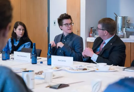 Erica Chenoweth, HKS Professor of Public Policy (center), talks with Belfer Center Director Ash Carter (right).