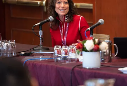 Kori Schake (left), Deputy Director-General of the International Institute for Strategic Studies, comments during a discussion on how learning from World War I can help prevent World War III.