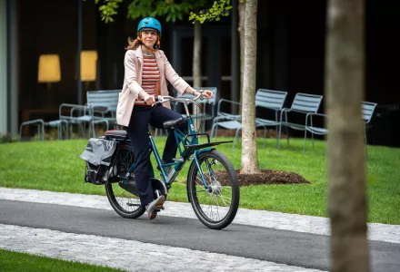 Amanda Sardonis in her natural habitat - riding her bike to work.