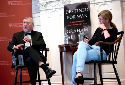 Graham Allison, joined by Samantha Power, speaks at a launch event for his book "Destined for War."