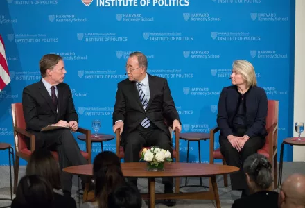 Professor Nicholas Burns, Secretary-General Ban Ki-moon, and Ambassador Susan Thornton at the JFK Jr Forum
