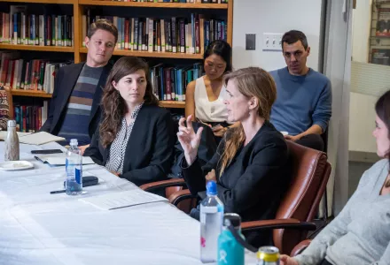 Photo of Samantha Power speaking with students about career choices.
