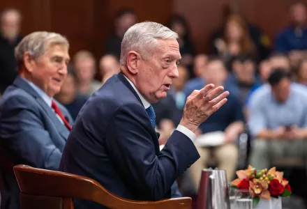 General (ret.) Jim Mattis with Professor Graham Allison during an event at the Belfer Center in November.