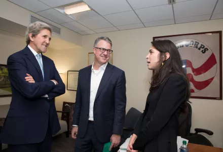 Former Secretary of State John Kerry with Eric Rosenbach and Aditi Kumar before Kennedy School Forum.