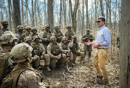 Ash Carter, then Defense Secretary, speaks to Marines participating in a platoon defense demonstration on Marine Corps Base Quantico, Va., on March 9, 2016 (DoD photo by Air Force Senior Master Sgt. Adrian Cadiz).
