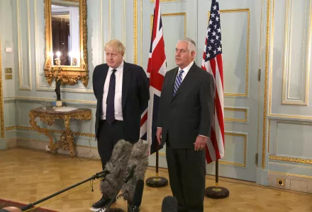 U.S. Secretary of State Rex W. Tillerson and U.K. Foreign Secretary Boris Johnson address reporters in Carlton Gardens, in London, England on January 22, 2018.