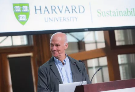 Portrait of Professor Bill Clark giving a lecture at a Harvard Sustainability event