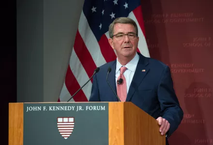 Ash Carter speaking at a Harvard Kennedy School JFK Jr. Forum on March 28, 2017. 