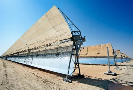 One of the parabolic mirrors arrays at the Shams-1 concentrated solar power plant in the UAE, January 2015.