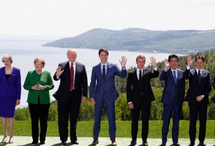 From left to right: European Council President Donald Tusk, British Prime Minister Theresa May, German Chancellor Angela Merkel, U.S. President Donald Trump, Canadian Prime Minister Justin Trudeau, French President Emmanuel Macron, Japanese Prime Minister Shinzo Abe, Italian Prime Minister Giuseppe Conte, and European Commission President Jean-Claude Juncker