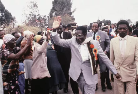 Zimbabwe Prime Minister Robert Mugabe attended an election rally near Harare, in July 1985.