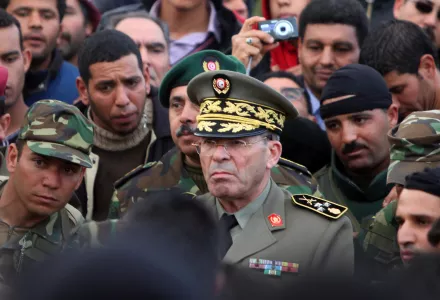 Gen. Rachid Ammar, center, speaks to protestors during a demonstration in Tunis, Monday, Jan. 24 2011. 