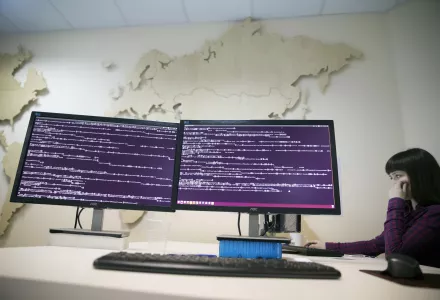 A computer code is seen on displays in the office of Global Cyber Security Company Group-IB in Moscow, Russia, Wednesday, Oct. 25, 2017. A new strain of malicious software has paralyzed computers at a Ukrainian airport, the Ukrainian capital's subway and at some independent Russian media. Moscow-based Global Cyber Security Company Group-IB said in a statement Wednesday the ransomware called BadRabbit also tried to penetrate the computers of major Russian banks but failed. 