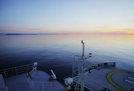 The Finnish icebreaker MSV Nordica sails past the American island of Little Diomede, Alaska