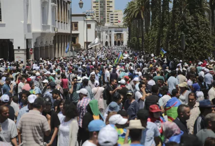 Photo of protesters taking part in a march denouncing heavy sentences against Hirak activists, in Rabat, Morocco, Sunday, July 15, 2018. 