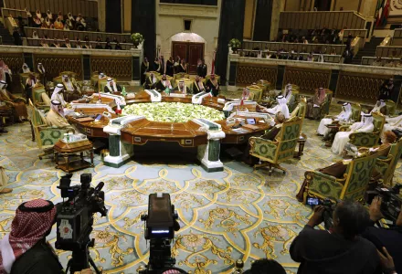 Cameramen film Saudi King Salman, center, as he chairs the 40th Gulf Cooperation Council (GCC) Summit in Riyadh, Saudi Arabia, Tuesday, Dec. 10, 2019.