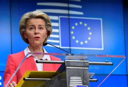 European Commission President Ursula von der Leyen speaks during a press conference at an EU summit in Brussels, Friday, Oct. 2, 2020.