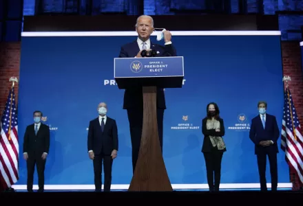 Photo of President-elect Joe Biden removing his face mask as he arrives to introduce his nominees and appointees to key national security and foreign policy posts at The Queen theater, Tuesday, Nov. 24, 2020, in Wilmington, Del
