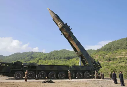 North Korean leader Kim Jong Un, second from right, inspects the preparation of the launch of a Hwasong-14 ICBM in North Korea on July 4, 2017.