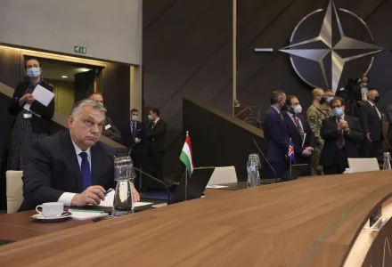 Hungarian Prime Minister Viktor Orban attends a NATO leaders virtual summit at NATO headquarters in Brussels, Friday, Feb. 25, 2022. 