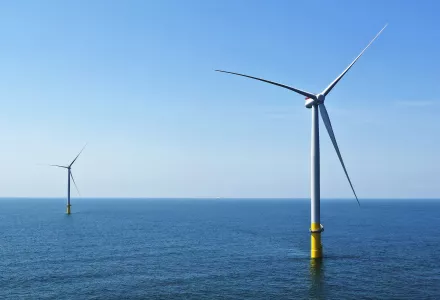 Photo of two of the offshore wind turbines which have been constructed off the coast of Virginia Beach, Va. are seen on Monday, June 29, 2020.