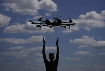 Oleg tests a drone on the outskirts of Kyiv, Ukraine.