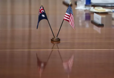The countries' flags are seen on the table during a meeting between Secretary of Defense Lloyd Austin and Australian Deputy Prime Minister and Minister of Defense Richard Marles at the Pentagon, Monday, Dec. 5, 2022, in Washington.