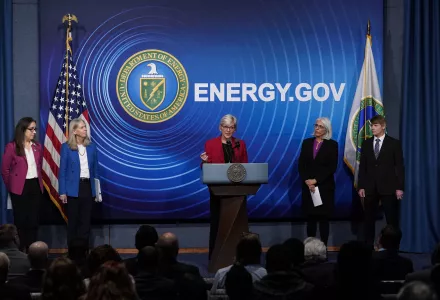 from left, Kim Budil, director of Lawrence Livermore National Laboratory, National Nuclear Security Administration director Jill Hruby, Secretary of Energy Jennifer Granholm, Arati Prabhakar, the president's science adviser, and National Nuclear Security Administration Deputy Administrator for Defense Programs Marvin Adams