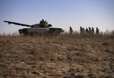 Ukrainian servicemen of the 3rd Separate Tank Iron Brigde take part in an exercise in the Kharkiv area, Ukraine, Thursday, Feb. 23, 2023, the day before the one year mark since the war began