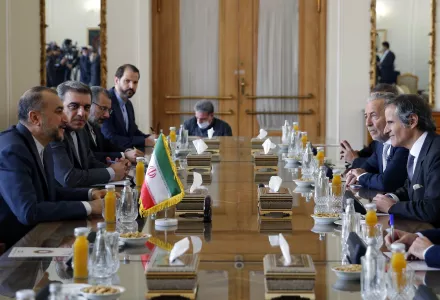 Iranian Foreign Minister Hossein Amirabdollahian, left, speaks with International Atomic Energy Organization, IAEA, Director General Rafael Mariano Grossi, right, during a round of talks in Tehran, Saturday, March 4, 2023. 
