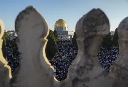Muslim worshipers offer Eid al-Adha prayers next to the Dome of the Rock shrine at the Al Aqsa Mosque compound in Jerusalem's Old City, Wednesday, June 28, 2023. Muslims celebrate the holiday to mark the willingness of the Prophet Ibrahim (Abraham to Christians and Jews) to sacrifice his son. During the holiday, they slaughter sheep or cattle, distribute part of the meat to the poor and eat the rest.