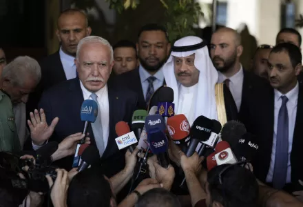 Nayef al-Sudairi, Saudi Arabia's the first-ever ambassador to the Palestinian Authority, right, and Palestinian Minister of Foreign Affairs and Expatriates, Dr. Riyad Al-Maliki, left, make a joint statement after their meeting in Ramallah, Tuesday, Sept. 26, 2023. Al-Sudairi visited the Palestinian territories Tuesday to discuss the burgeoning Saudi-Israeli normalization deal, which the kingdom has said will hinge on what concessions Israel is willing to grant the Palestinians.