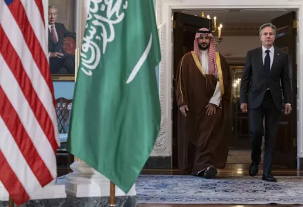 Secretary of State Antony Blinken, right, meets with Saudi Arabia's Minister of Defense Khalid bin Salman, Wednesday, Nov. 1, 2023, at the State Department in Washington.