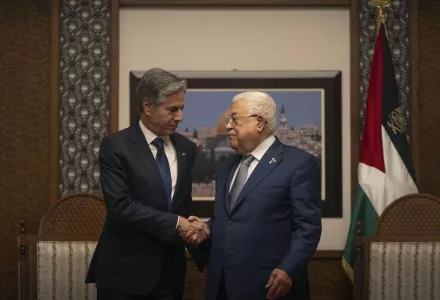 Palestinian President Mahmoud Abbas, right meets with U.S. Secretary of State Antony Blinken at his office in the West Bank city of Ramallah, Thursday, Nov. 30, 2023.