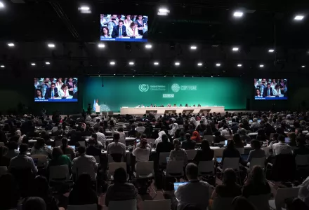 Wopke Hoekstra, European Union commissioner for climate action, speaks next to and Spain Deputy Prime Minister Teresa Ribera during a plenary session at the COP28 U.N. Climate Summit, Wednesday, Dec. 13, 2023, in Dubai, United Arab Emirates. 