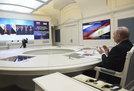 President Putin takes part in the official ceremony for pouring the first concrete into the foundation of power unit #4 at Egypt's El-Dabaa Nuclear Power Plant via videoconference with President of Egypt Abdel Fattah el-Sisi at the Kremlin on Jan. 23, 2024.