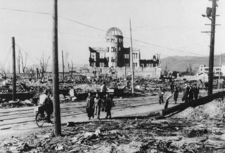 In this 1945 file photo, an area around the Sangyo-Shorei-Kan (Trade Promotion Hall) in Hiroshima is laid waste after an atomic bomb exploded within 100 meters of here.