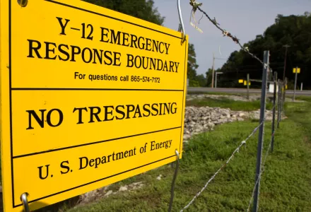 This Aug. 17, 2012, photo shows a sign warns against trespassing onto the Y-12 National Security Complex in Oak Ridge, Tenn.