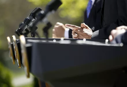 A view of the podiums during a news conference in the Rose Garden at the White House, Monday, April 2, 2012. (AP Photo/Charles Dharapak)