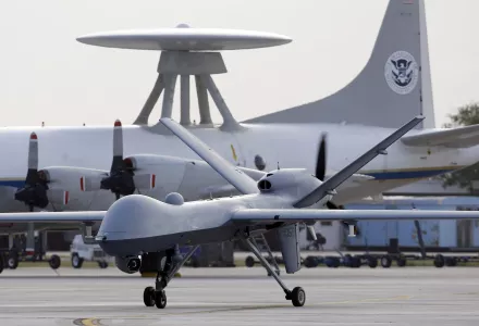 A Predator B unmanned aircraft taxis at the Naval Air Station in Corpus Christi, Texas.