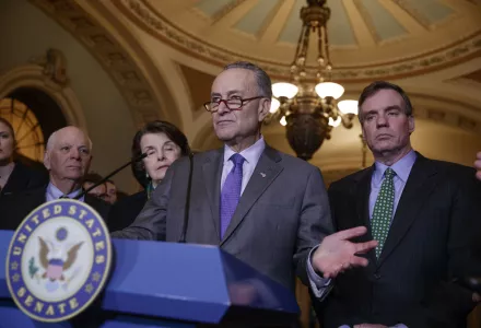 Senate Minority Leader Chuck Schumer, D-N.Y, joined by, from left, Sen. Ben Cardin, D-Md., the ranking member on the Foreign Relations Committee, Sen. Dianne Feinstein, D-Calif., the ranking member of the Senate Judiciary Committee, and Sen. Mark Warner, D-Va., vice chair of the Intelligence Committee, right, calls for an investigation into President Donald Trump's administration over its relationship with Russia, including when Trump learned that his national security adviser, Michael Flynn, had discussed