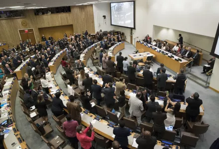 Delegates at the United Nations give a standing ovation after a vote to adopt the Treaty on the Prohibition of Nuclear Weapons on July 7, 2017 (Mary Altaffer/Associated Press).