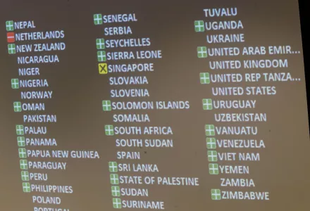 A detail of the video board at the UN showing the votes in favor, against and the abstention after a vote to adopt the Treaty on the Prohibition of Nuclear Weapons (AP Photo/Mary Altaffer).