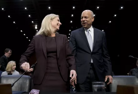 Former Homeland Security Secretary Jeh Johnson, right, and Homeland Security Secretary Kirstjen Nielsen, and former arrive for a Senate Intelligence Committee hearing in Washington on Wednesday, March 21, 2018. (AP Photo/Andrew Harnik)
