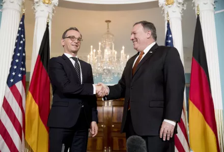 Secretary of State Mike Pompeo shakes hands with German Foreign Minister Heiko Maas at the State Department on Wednesday, May 23, 2018, in Washington. (AP Photo/Andrew Harnik) Mass has lamented that “the Atlantic has become wider” during Trump's presidency.